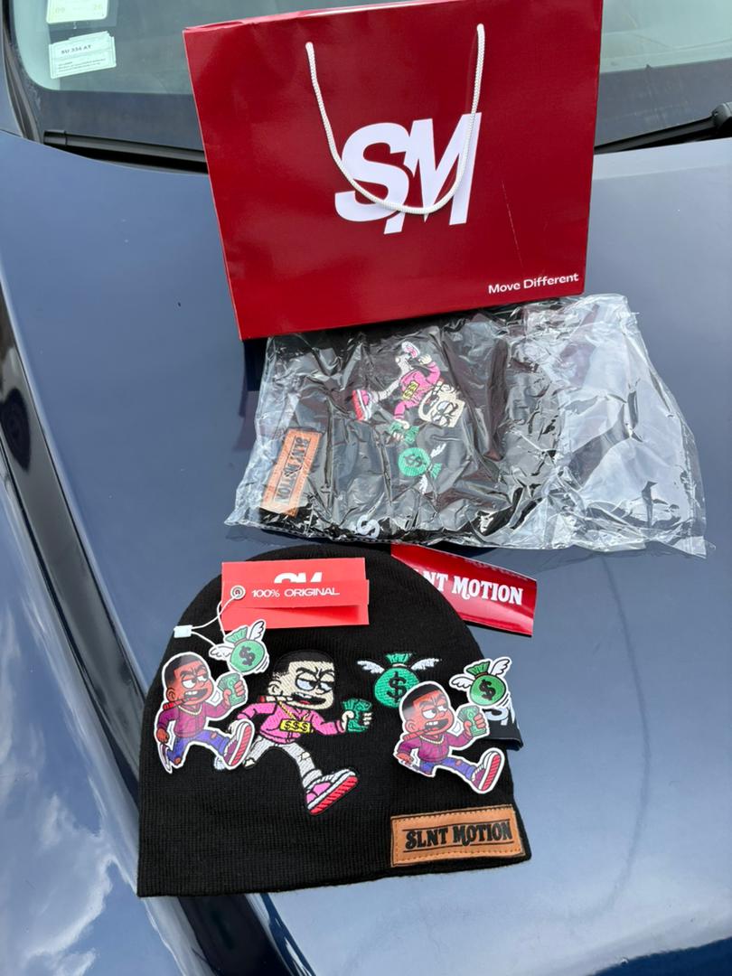 SLNT MOTION beanie and matching mittens with packaging