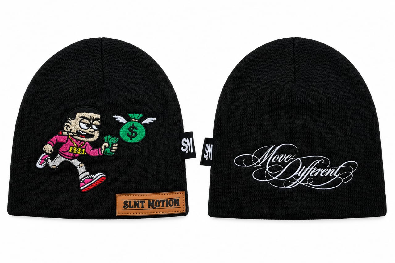 SILENT MOTION Embroidery Beanie shown from the front and the back