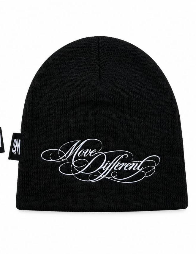 SLNT MOTION Limited Edition Beanie, studio back view with the Move Different embroidery